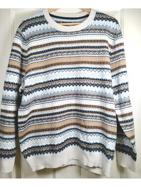 Club Room Merino‎ Wool Blend Fair Isle Sweater Men's XXL Blue Tan Striped Soft
